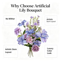 Aneka Bunga Lily Ungu Biru Mekar, Vas Modern untuk Ruang Tamu, Hiasan Meja, Dekorasi Rumah, Buket Bunga Artificial