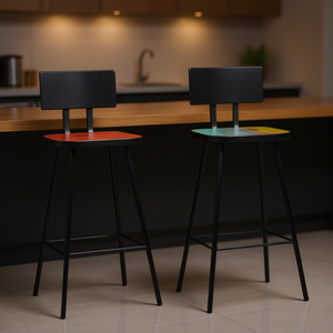 Ensemble de 2 tabourets de bar multicolores, base en métal moderne et contemporaine, siège en bois, durable pour usage domestique ou commercial - Product Image 2