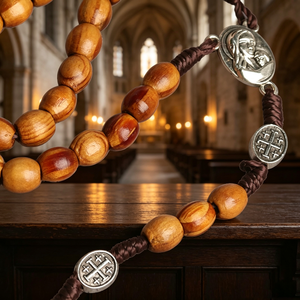 Bracelets de Saint Benoît rigides en acier inoxydable fini rouge, avec perles et pendentif Denario Varón Abad, et bracelet en cuir maillé avec cordon ajustable. - Product Image 5