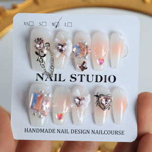 Faux ongles à presser faits main, longs, forme cercueil, rose de luxe, couvrance totale, avec strass étoiles en acrylique, prix usine en gros - Product Image 3