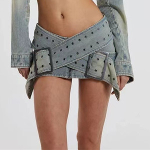 Mode Unique Vintage Sexy Club Streetwear Croix Ceinture Boucle <span class=keywords><strong>Cargo</strong></span> Style <span class=keywords><strong>Jupe</strong></span> Portefeuille Mini Court Lavé Denim Femmes Jupes - Product Image 4