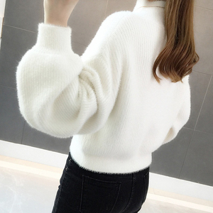 Nuevo Suéter Corto de Moda para Mujer Otoño Invierno con Cuello Alto, <span class=keywords><strong>Manga</strong></span> <span class=keywords><strong>Abullonada</strong></span>, Forro Polar Esponjoso, Holgado, Casual, de <span class=keywords><strong>Punto</strong></span> y Cálido - Product Image 6