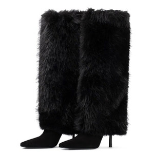 Bottes hautes en fourrure pelucheuse pour femmes, taille 45, à talons hauts, bout carré, fourrées, pour l'hiver, coupe large - Product Image 4