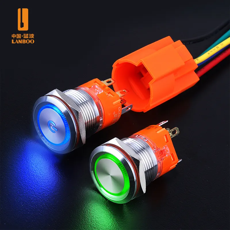 LANBOO 19mm DPDT 1NO1NC 2NO2NC 12V Blue Red Green Led Illuminated Waterproof Machine on off Push Button Switch 8 Pin