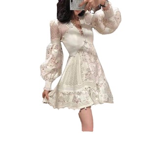 White V-neck <b>Lace</b> Dress <b>Elastic</b> Waist A-Line Casual Daily Wear Women's Long Sleeve Midi Skirt 2113 - Product Image 5