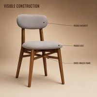 Chaise de salle à manger moderne, structure en bois massif couleur noyer, assise et dossier arrondis en tissu gris, pour usage en café.