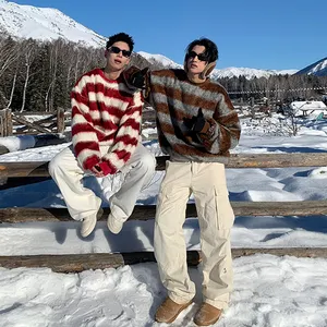 Amerikan moda marka kış gevşek tiftik çizgili örgü kazak yuvarlak boyun kazak