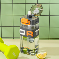 Bouteille d'eau portable en plastique carrée pour sports de plein air avec paille/sangle, design élégant, 620 ml, double usage