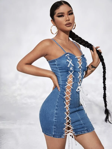 Nouvelle robe en jean pour femme SXY 2022, fendue, à cordon de serrage, délavée, ajourée, moulante, décontractée, sans manches, dos nu, OEM - Product Image 5