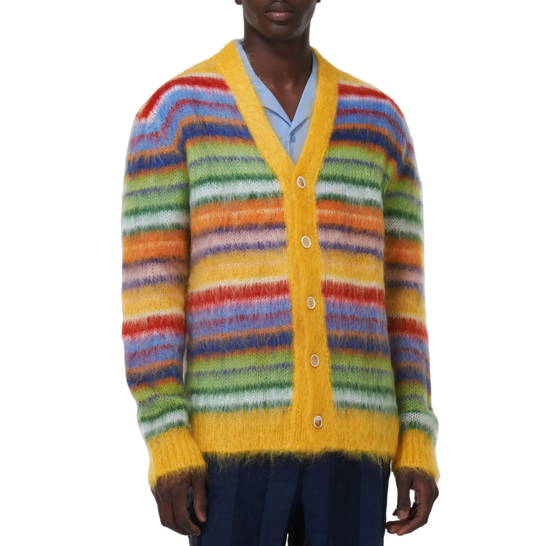 Custom OEM   ODM men mohair sweater Fuzzy Long Sleeve knitwear winter Cardigan coat Striped knit top mohair knitted sweater men