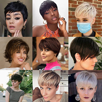 Perruque Courte Noire pour Femmes Noires, Perruque Synthétique pour Femmes avec Frange, Sans Dentelle Frontale, Cheveux Bouclés, Coupe Pixie de 6 Pouces