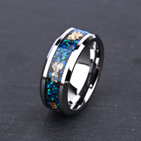 8 mm Breiter Flacher Abgeschrägter Wolframstahlring mit Eingelegtem Opalblauem Opperga-Goldfolie Unisex Ehering Leichter Luxus