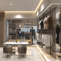 Table de consultation pour magasin de costumes de luxe pour hommes, solution complète d'aménagement, système de suspension mural à lattes métalliques, étagères, vitrine de présentation
