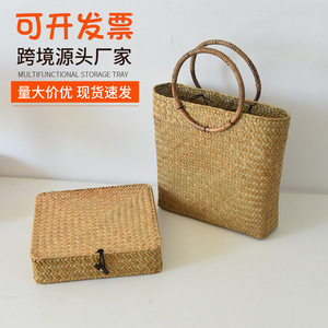 Handmade Straw <b>Woven</b> <b>Basket</b> Rectangle Storage <b>Basket</b> With Handle For Home Organization - Product Image 4