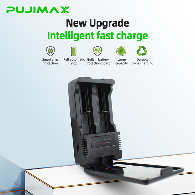 PUJIMAX Dual-Slot 3.7V Universal Lithium Battery Charger for 18650 21700 26650 16340 14500 with Built-in Power Bank Function
