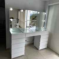 Table de toilette moderne blanche avec miroir LED à 3 couleurs et variateur d'intensité, bureau de maquillage en verre avec 9 tiroirs de rangement