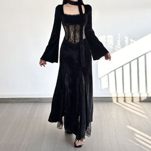 Elegant and sophisticated lace dress with a see-through design featuring a fitted waist <b>flared</b> sleeves and a fish-tail <b>skirt</b> - Product Image 1