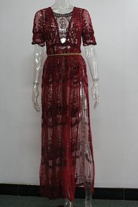 Exy-vestido de encaje transparente Borgoña para mujer, vestido largo elegante de cintura alta con cuello en V para Navidad - Product Image 2