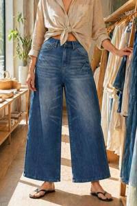 Jean ample pour femme 2026, coupe large, bleu moyen délavé, effet usé, style bohème décontracté, longueur cheville - Product Image 3