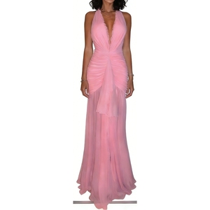 Women's Halter Neck Ruched Tulle Maxi Dress - <b>Tie</b> <b>Back</b> Ruffle Detail Formal Evening Gown Party Dresses Fashion - Product Image 1