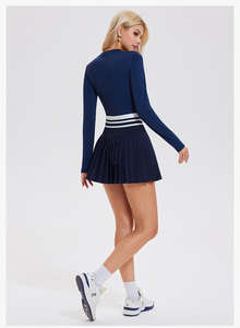 กระโปรงกีฬาเอวสูง2ชิ้นเสื้อยืดเทนนิสแขนยาวสำหรับผู้หญิงเสื้อเล่นยิมเสื้อเล่นกีฬาปรับแต่งโลโก้ได้ใหม่ล่าสุด - Product Image 6