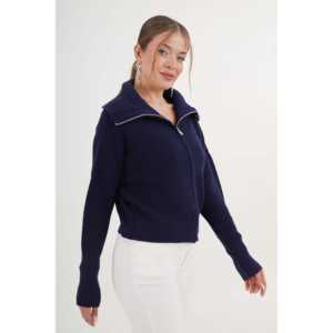 Cárdigan de punto azul marino para mujer, informal, con cuello con cremallera, anti-bolitas, suéter de manga larga - Product Image 6