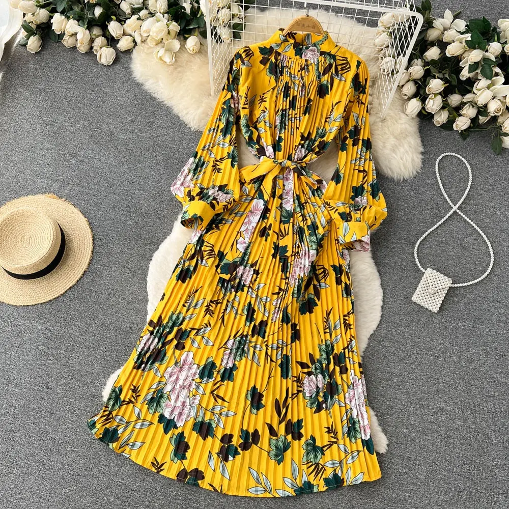 Slim Stand Collar Dress 2022 Summer Women Elegant Retro Floral Print Maxi Dress Casual Long Sleeve Lady Party Pleated Dresses