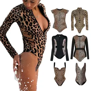 Wholesale High Quality Designer Leopard Print Neoprene Swimwear Beachwear Women Custom 1 Piece Cover Up Long Sleeve Swimsuit