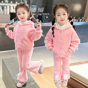 2026 Hot Sale 1-5 jaar meisjes warme trainingspakken strik lange mouw capuchon rits fleece jas broek 2-delige set kinder winterkleding - Product Image 1