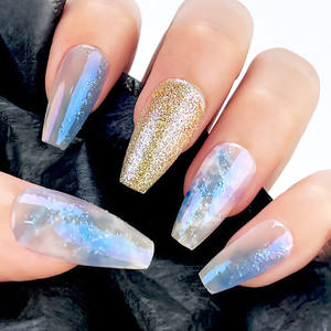 <span class=keywords><strong>Uñas</strong></span> Postizas de Gel con Degradado Azul Manchado, Purpurina Plateada y Dorada, 28 Piezas, <span class=keywords><strong>Uñas</strong></span> Postizas de Ataúd Largas, Reutilizables - Product Image 4