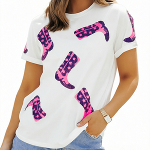 Camiseta de Mujer Blanca con Lentejuelas y Estampado de Botas Vaqueras, Manga Corta, Cuello Redondo, Corte Holgado, Informal, para Primavera/Verano - Product Image 1