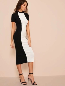 KY Gaun Midi Tanpa Sabuk, Gaun Bodycon Blok Warna Hitam dan Putih Terpisah Lengan Pendek 6XL - Product Image 4