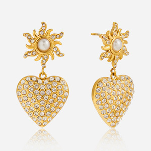Heart-Shaped Drop Earrings With Pearl And Rhinestones Stainless Steel Studs For Everyday Wear - Product Image 1