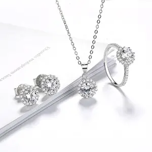 纯银3件耳环圆形莫西桑特锆石珠宝套装时尚批发项链和戒指珠宝套装