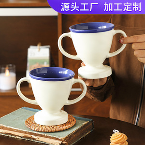 Ceramic Double Handle <b>Mug</b> Trophy Blue Rim <b>Reusable</b> For Gift - Product Image 4