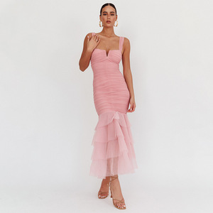 Halter Maxi Dress Long <b>Skirt</b> Sheer Layer Folds Sleeveless Natural Waistline Evening Dress - Product Image 1