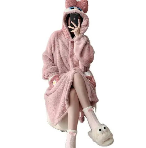 Winter Pajama Cartoon Cute Dressing Gown Long Bathrobe Autumn And Winter Women's Su Cotton Wool Coral Fleece Thick Loungewear