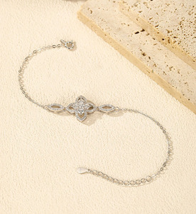 S925 silver Women's Rhodium Plated Chain <b>Bracelet</b> With Diamond Flower Pave Setting Classic Everyday Wear - Product Image 5