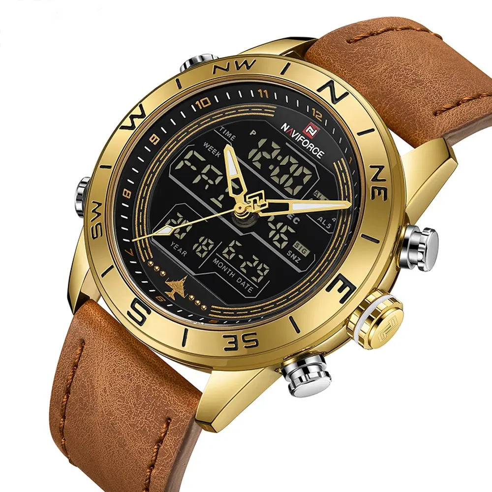 NAVIFORCE 9144 Fashion Gold Men Sport Watches Men LED Analog Digital Watch Waterproof Leather Quartz Watch Relogio Masculino