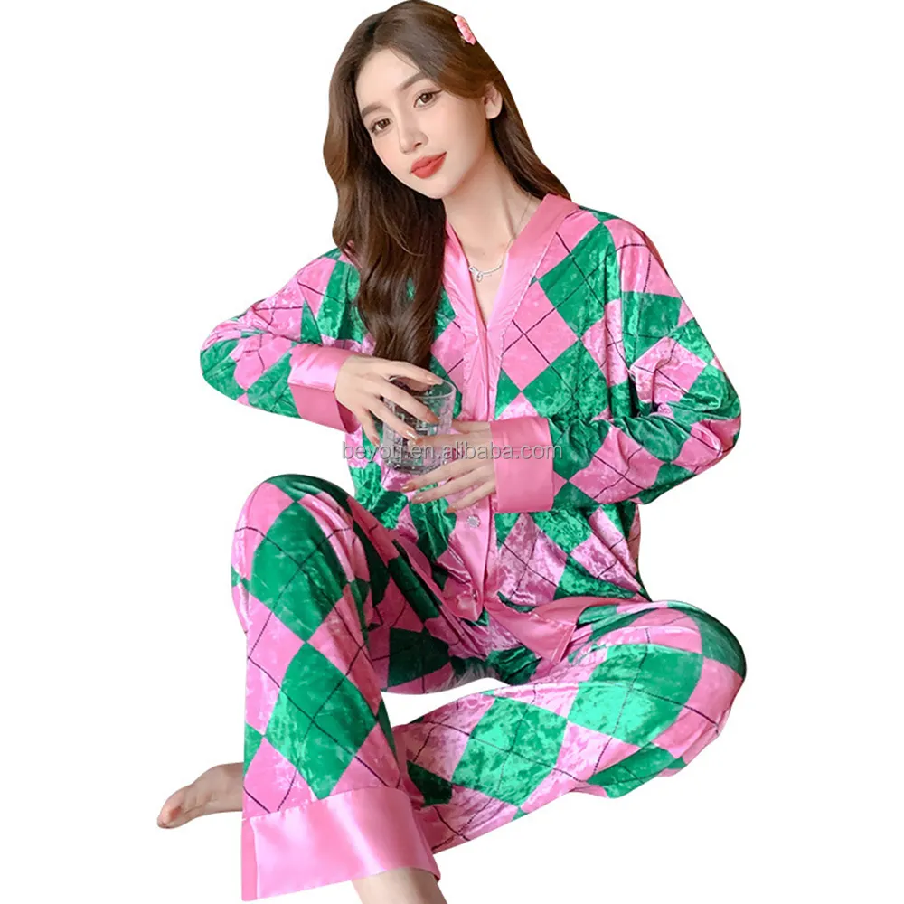 Pajamas women's pink green long sleeved cardigan sisters casual cute household suit