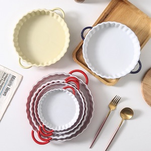 Plat à pizza ondulé personnalisable à double anse, compatible micro-ondes, rond, joli plat à fruits, assiette de dîner occidentale de grande valeur - Product Image 1