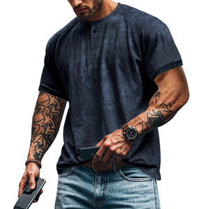 Custom Vintage Washed Heavyweight 95% Polyester Henley Neck <strong>Tshirt</strong> Men Oversized Fit Distressed American Retro Muscle Shirt - Product Image 4