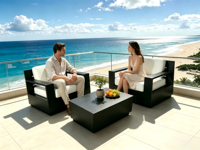 Ensemble de mobilier de salon extérieur commercial en aluminium, chaises de patio et table basse pour hôtel, complexe hôtelier, bord de piscine et hôtellerie