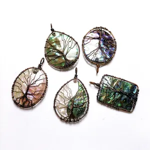 Wholesale Natural Abalone Shell Wire Wrapped Pendant Waterdrop Oval Rectangle Shape Tree Of Life Paua Shell Handmade Jewellery
