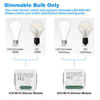 Module d'interrupteur intelligent WiFi 1 ou 2 voies avec variateur de lumière, charge maximale 150W pour lampe dimmable, compatible Tuya Smart Life