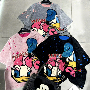 T-<span class=keywords><strong>shirt</strong></span> <span class=keywords><strong>chic</strong></span> pour <span class=keywords><strong>femme</strong></span> SC0020/Printemps-Été, nouveau, à rayures perlées, décontracté, à manches courtes, brodé au crochet, motif dessin animé - Product Image 1