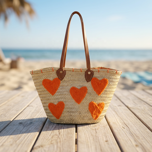 Handmade Bamboo Basket With Orange Heart Pattern Natural Weaving Tote Bag - Product Image 1