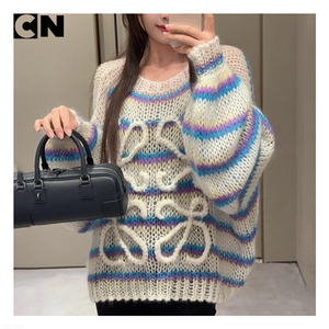 Suéter con Certificación GRS, Fabricante de Suéteres, Venta al por Mayor, Suéter de Punto Personalizado para Mujer, Cuello Redondo, Diseño Calado, Bloques de Color - Product Image 2