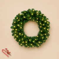 Karangan Bunga Natal Oregon Fir Prelit OEM Kustom 24 Inci 220 Rumbai 50 LED Putih Hangat Buatan untuk Pintu, Harga Pabrik Grosir