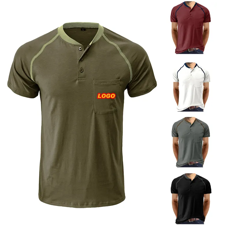 Mode Heren Henley Shirts Klassieke Korte Mouw Basic Knoop Voorzak Effen T-Shirts